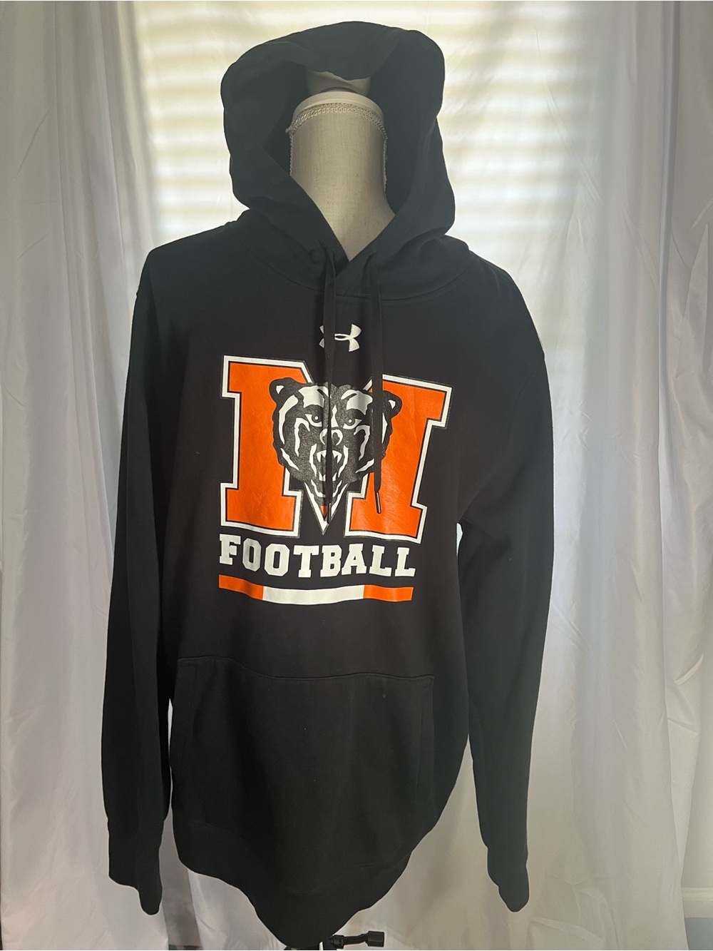 LG Black Hoodie with Orange and White Football Graphic